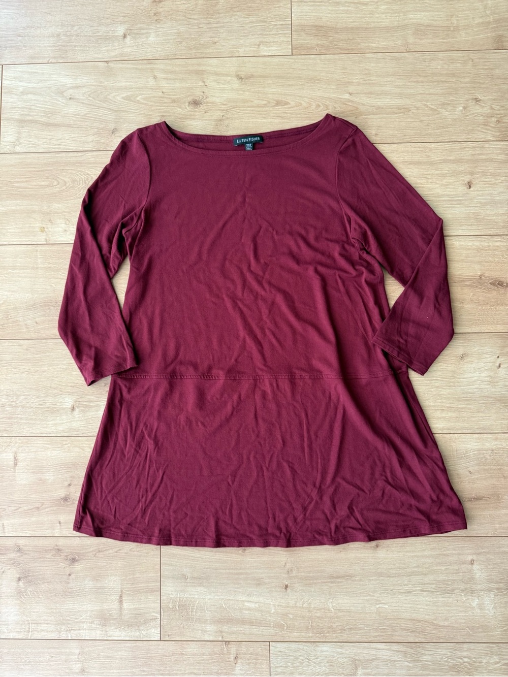 Eileen Fisher Burgundy Viscose Tunic Top XS 3/4 Sleeve Stretch Minimalist
